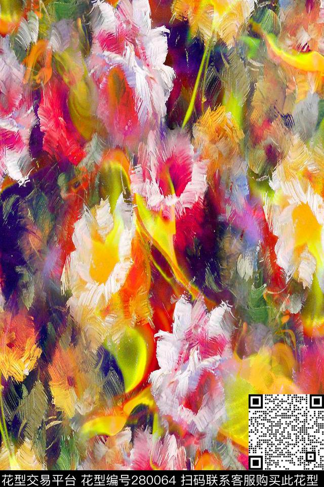 手绘水彩花卉数码印花华亿平台下载（图片编号: 280064） - 瓦栏（Walan）