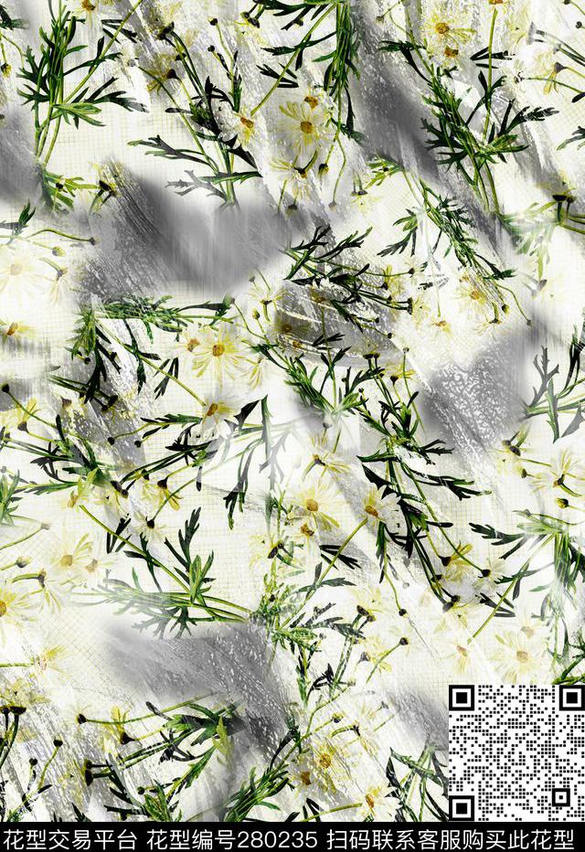 手绘花卉雏菊数码印花华亿平台下载（图片编号: 280235） - 瓦栏（Walan）