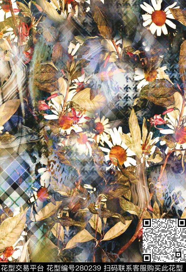 花卉雏菊格纹数码印花华亿平台下载（图片编号: 280239） - 瓦栏（Walan）