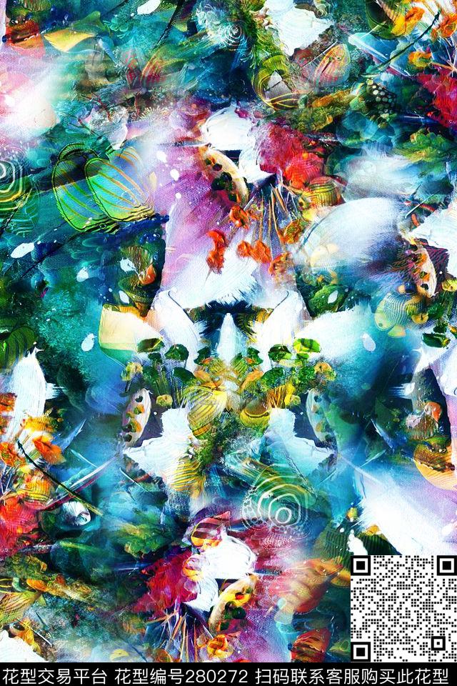 花卉晕染水墨数码印花华亿平台下载（图片编号: 280272） - 瓦栏（Walan）