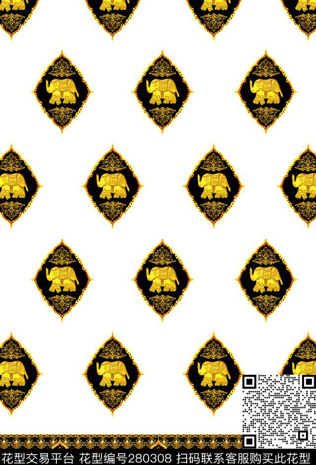 金色大象几何传统印花华亿平台下载（图片编号: 280308） - 瓦栏（Walan）