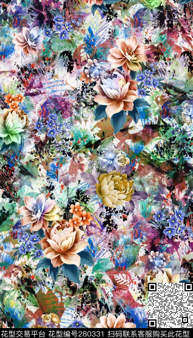 花卉油画牡丹数码印花华亿平台下载（图片编号: 280331） - 瓦栏（Walan）