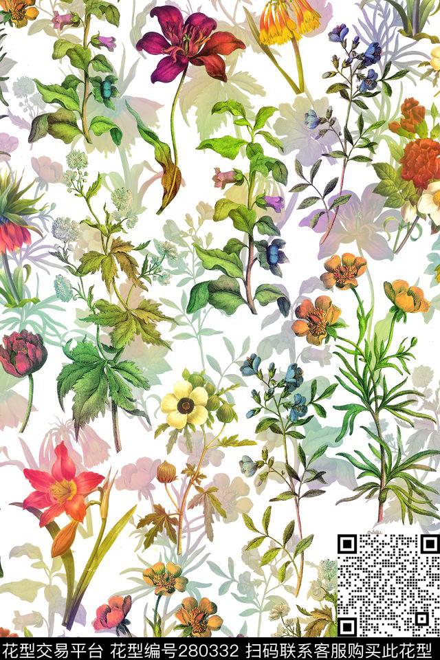 手绘花卉素雅数码印花华亿平台下载（图片编号: 280332） - 瓦栏（Walan）