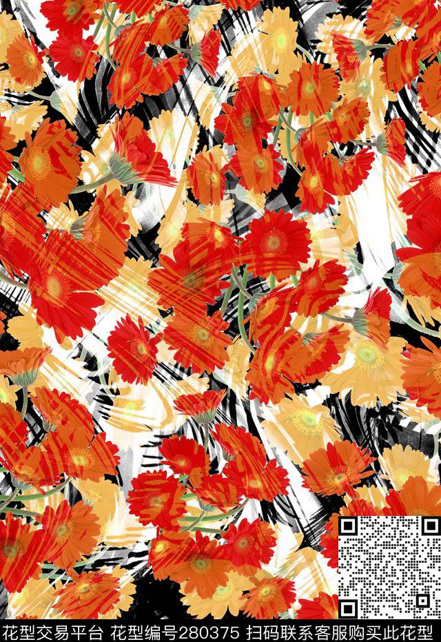 花卉菊花质感笔触数码印花华亿平台下载（图片编号: 280375） - 瓦栏（Walan）