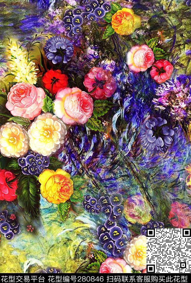 油画花卉浓艳数码印花华亿平台下载（图片编号: 280846） - 瓦栏（Walan）