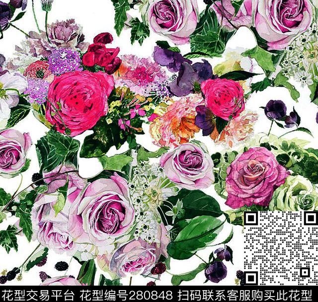 花卉水彩艺术数码印花华亿平台下载（图片编号: 280848） - 瓦栏（Walan）