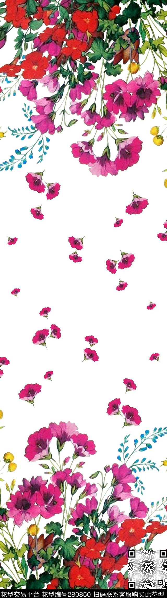 手绘花卉双边数码印花华亿平台下载（图片编号: 280850） - 瓦栏（Walan）