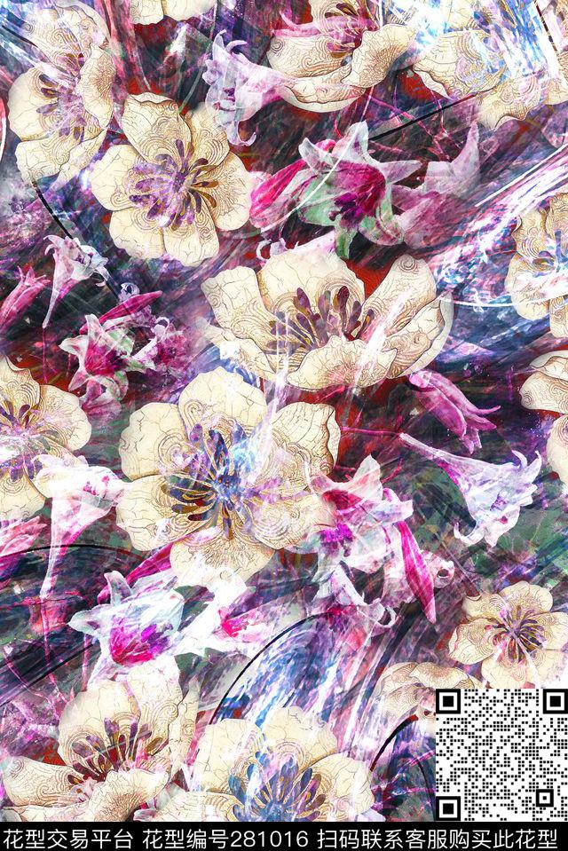 多元素拼接质感笔触数码印花华亿平台下载（图片编号: 281016） - 瓦栏（Walan）