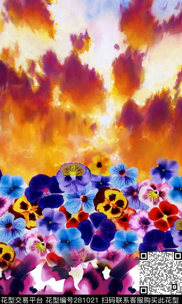 花卉水彩渐变数码印花华亿平台下载（图片编号: 281021） - 瓦栏（Walan）
