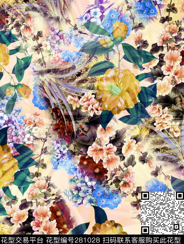 花卉多彩手绘数码印花华亿平台下载（图片编号: 281028） - 瓦栏（Walan）