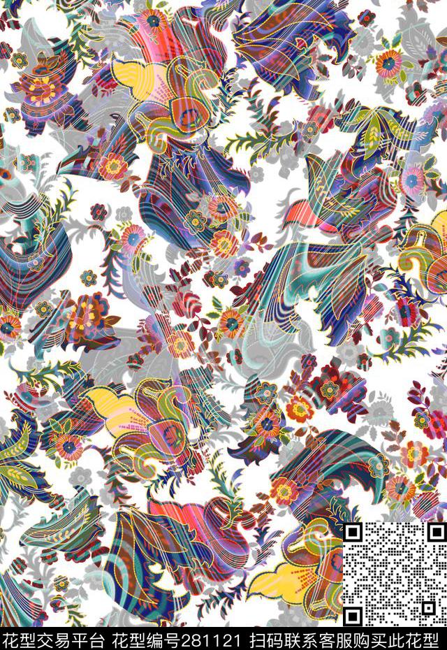 佩斯利涡旋纹民族风多彩数码印花华亿平台下载（图片编号: 281121） - 瓦栏（Walan）