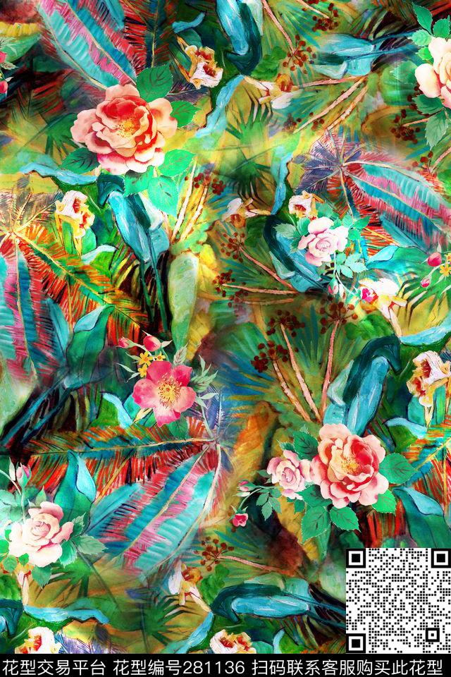 花卉植物多彩数码印花华亿平台下载（图片编号: 281136） - 瓦栏（Walan）