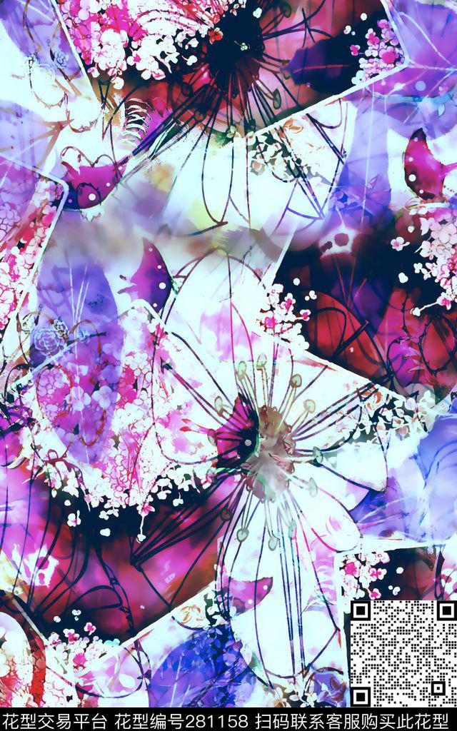 蝴蝶花卉水彩数码印花华亿平台下载（图片编号: 281158） - 瓦栏（Walan）