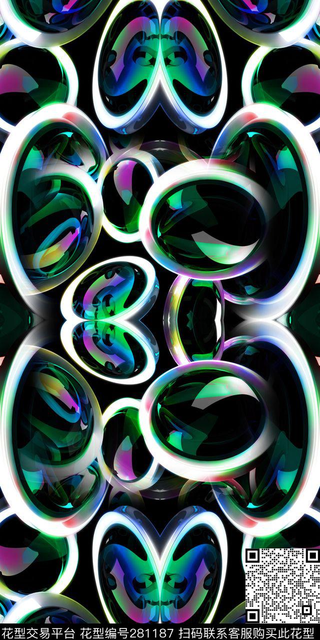 抽象指环黑底数码印花华亿平台下载（图片编号: 281187） - 瓦栏（Walan）