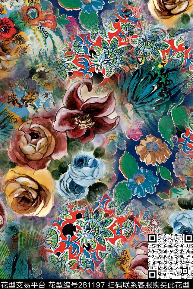 手绘花卉多彩数码印花华亿平台下载（图片编号: 281197） - 瓦栏（Walan）