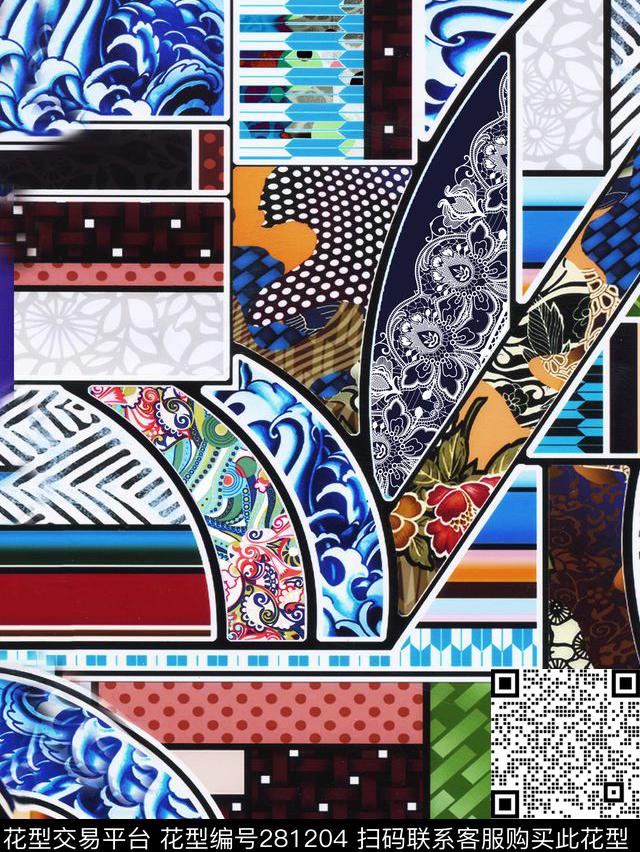 青花抽象拼接数码印花华亿平台下载（图片编号: 281204） - 瓦栏（Walan）