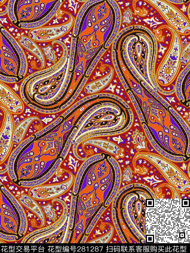 佩斯利涡旋纹古典华丽传统印花华亿平台下载（图片编号: 281287） - 瓦栏（Walan）