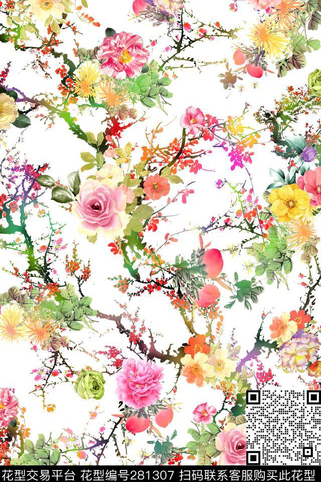 中国风水彩花卉数码印花华亿平台下载（图片编号: 281307） - 瓦栏（Walan）
