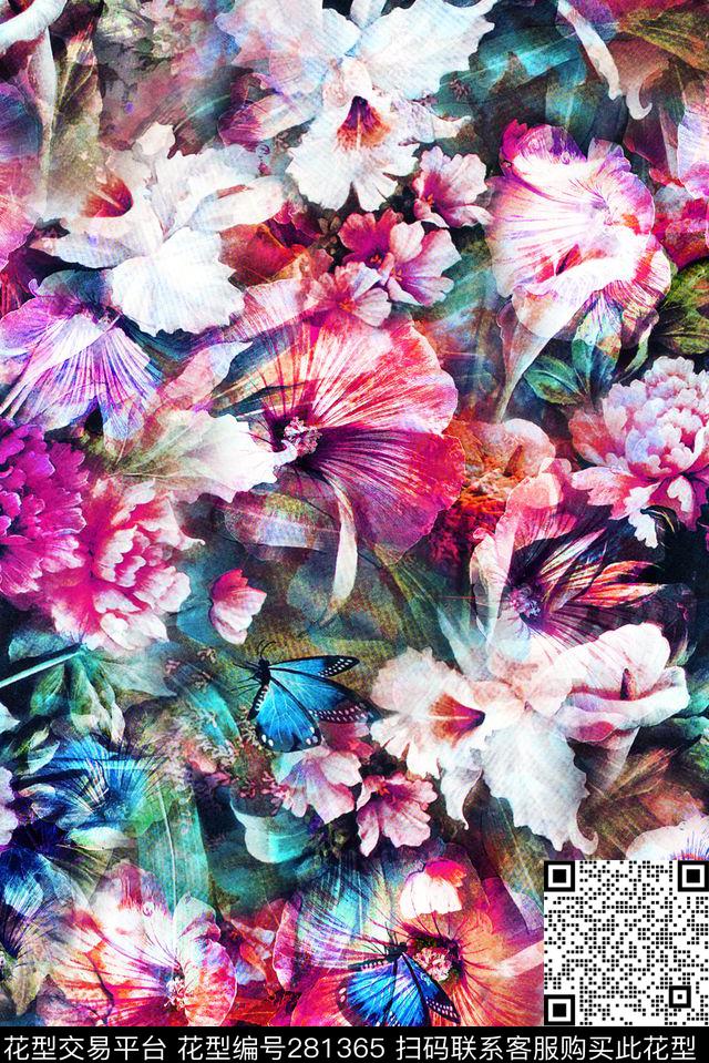 花卉满底复古数码印花华亿平台下载（图片编号: 281365） - 瓦栏（Walan）