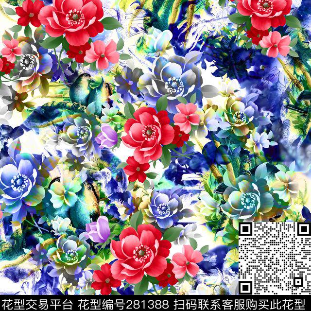 花卉水彩晕染数码印花华亿平台下载（图片编号: 281388） - 瓦栏（Walan）