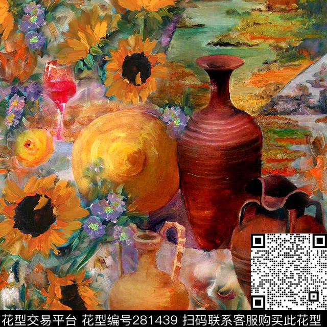 油画向日葵花卉数码印花华亿平台下载（图片编号: 281439） - 瓦栏（Walan）