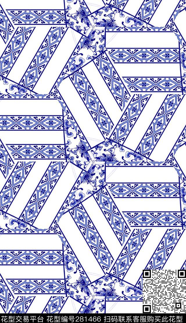 条纹青花几何数码印花华亿平台下载（图片编号: 281466） - 瓦栏（Walan）