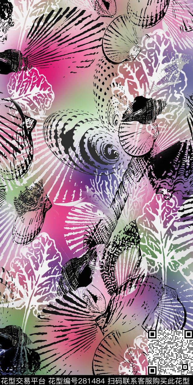 抽象花卉海螺数码印花华亿平台下载（图片编号: 281484） - 瓦栏（Walan）