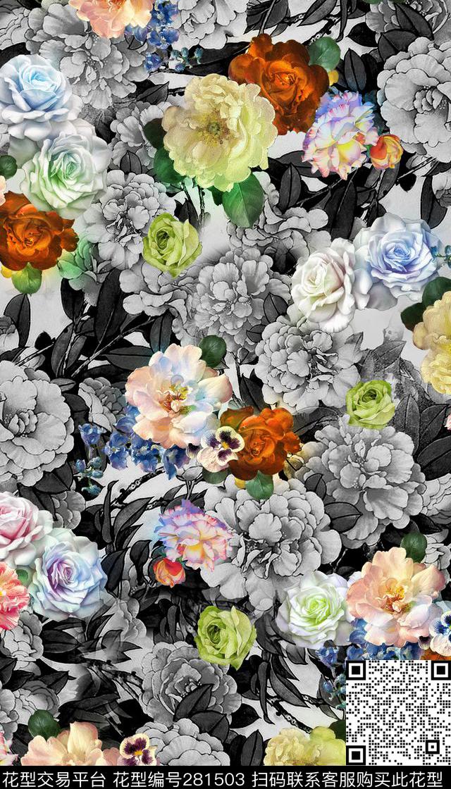花卉牡丹手绘数码印花华亿平台下载（图片编号: 281503） - 瓦栏（Walan）