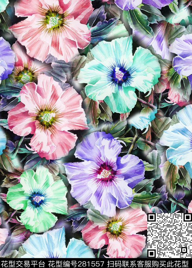 花卉满底手绘数码印花华亿平台下载（图片编号: 281557） - 瓦栏（Walan）