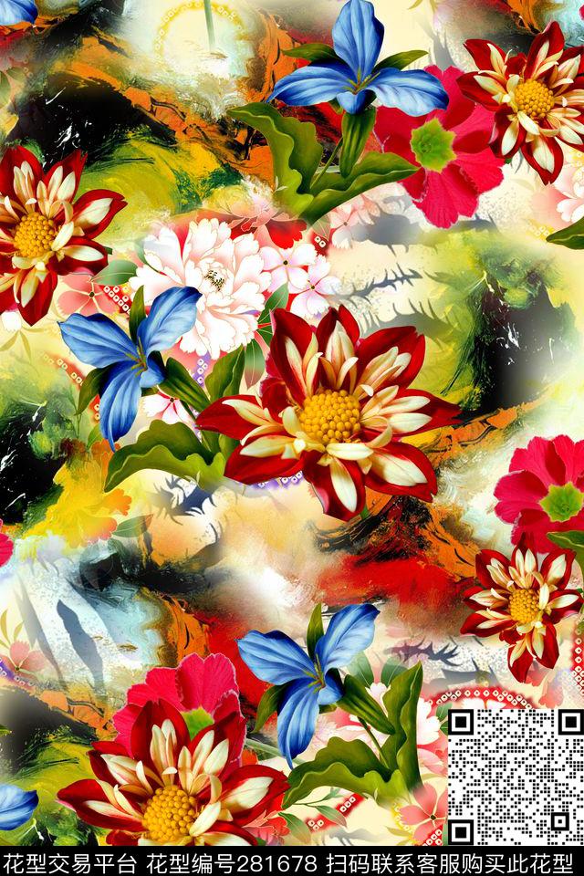 花卉明艳富丽数码印花华亿平台下载（图片编号: 281678） - 瓦栏（Walan）