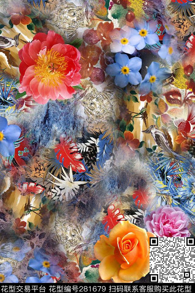 花卉复古多彩数码印花华亿平台下载（图片编号: 281679） - 瓦栏（Walan）