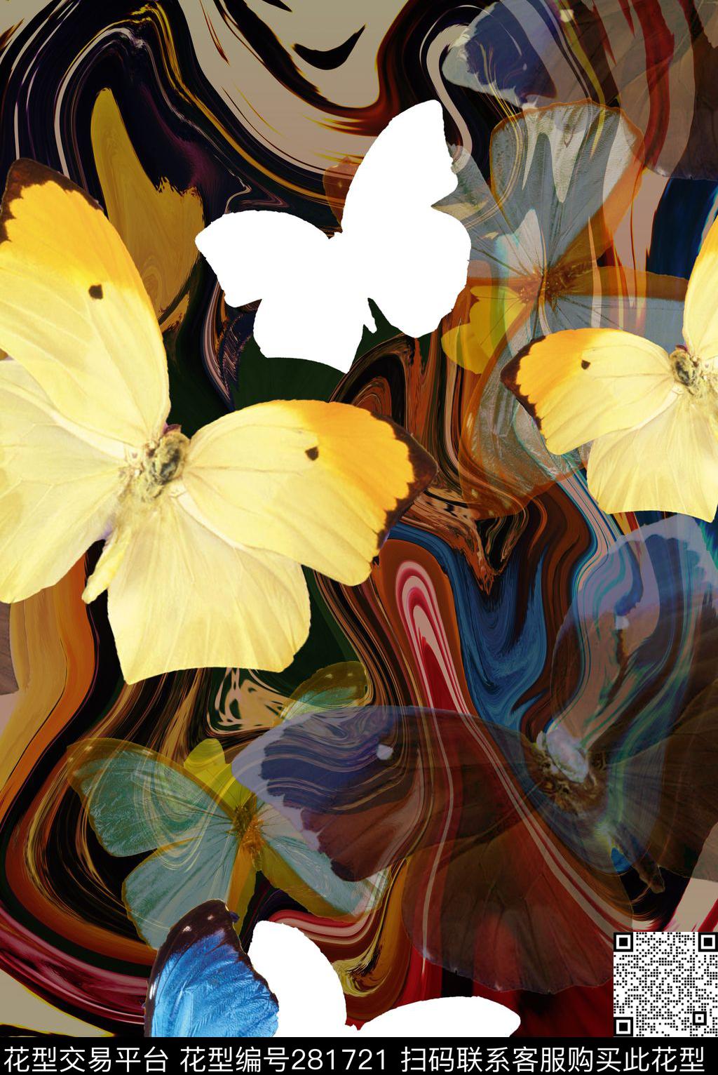 蝴蝶线条弯曲错觉剪影数码印花华亿平台下载（图片编号: 281721） - 瓦栏（Walan）