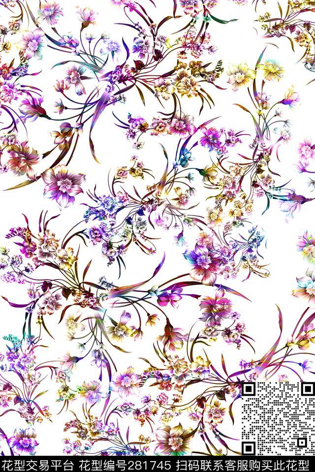 花卉清新多彩数码印花华亿平台下载（图片编号: 281745） - 瓦栏（Walan）