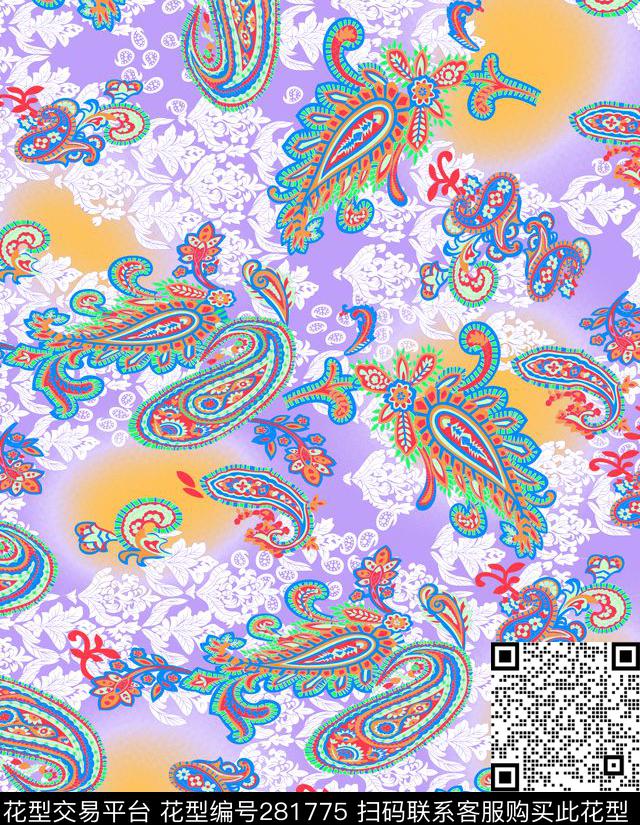 佩斯利涡旋纹抽象多彩传统印花华亿平台下载（图片编号: 281775） - 瓦栏（Walan）