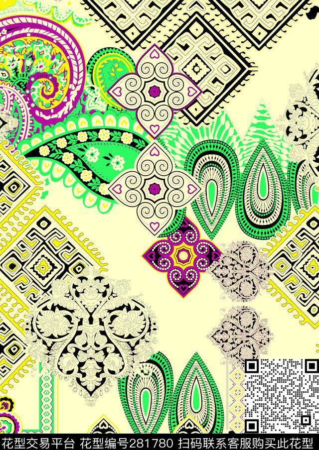 佩斯利涡旋纹多彩民族风传统印花华亿平台下载（图片编号: 281780） - 瓦栏（Walan）