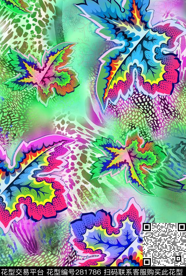 抽象枫叶豹纹数码印花华亿平台下载（图片编号: 281786） - 瓦栏（Walan）