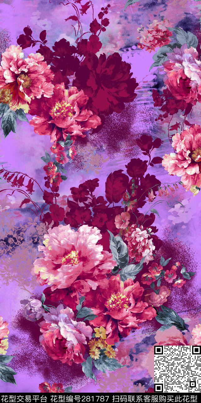花卉紫色雅致数码印花华亿平台下载（图片编号: 281787） - 瓦栏（Walan）