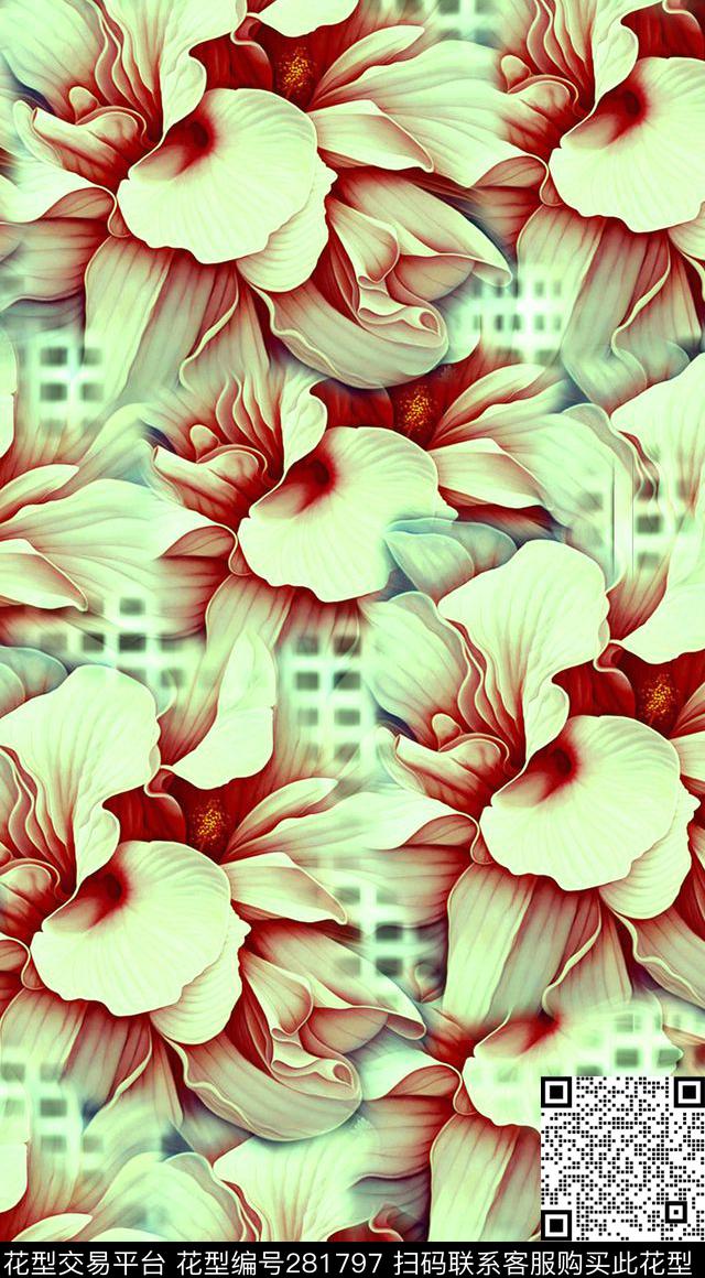 花卉网格晕染数码印花华亿平台下载（图片编号: 281797） - 瓦栏（Walan）
