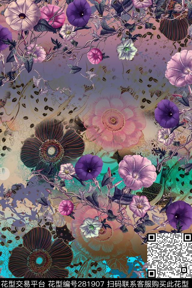 花卉描花多彩数码印花华亿平台下载（图片编号: 281907） - 瓦栏（Walan）