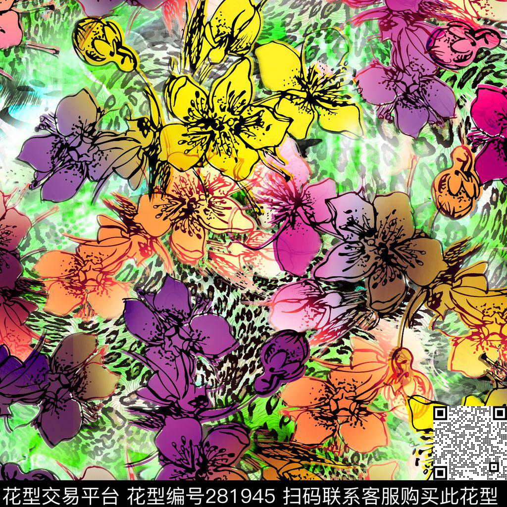 抽象豹纹花卉数码印花华亿平台下载（图片编号: 281945） - 瓦栏（Walan）