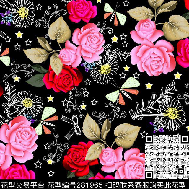 花卉描花黑底数码印花华亿平台下载（图片编号: 281965） - 瓦栏（Walan）