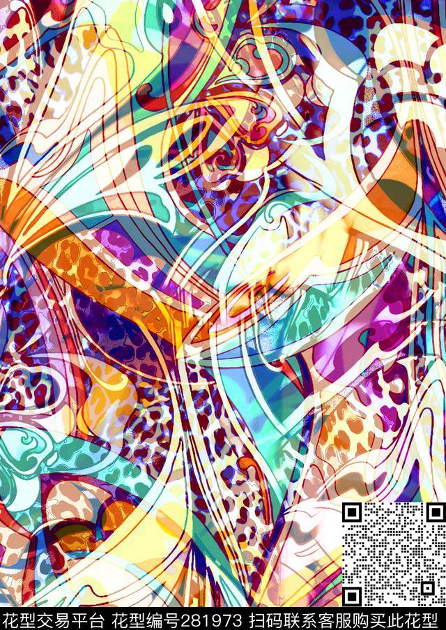 抽象线条多彩数码印花华亿平台下载（图片编号: 281973） - 瓦栏（Walan）