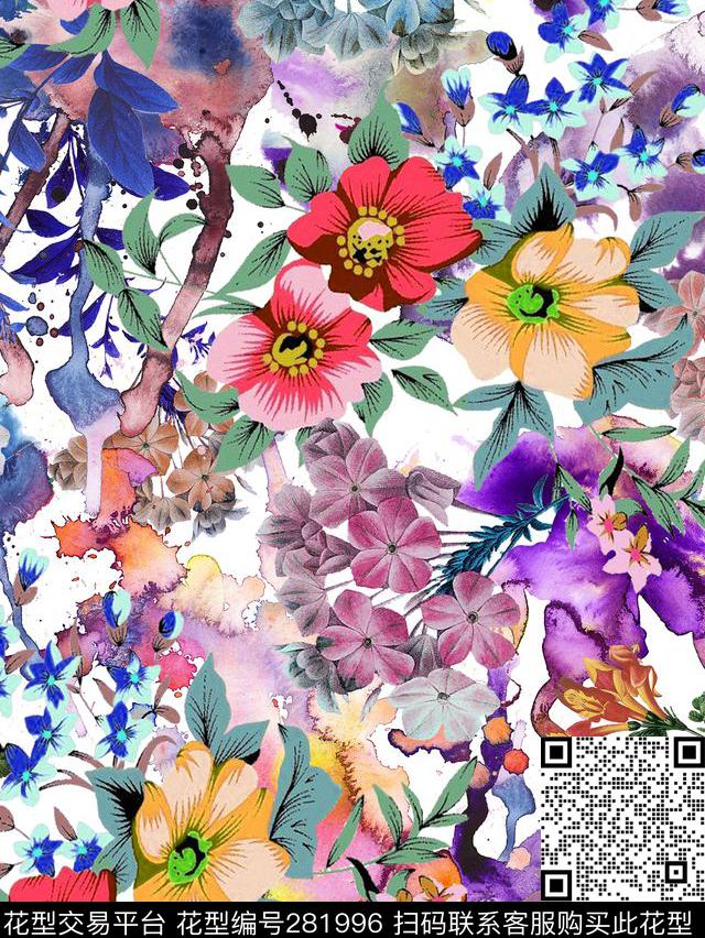花卉水彩多彩数码印花华亿平台下载（图片编号: 281996） - 瓦栏（Walan）