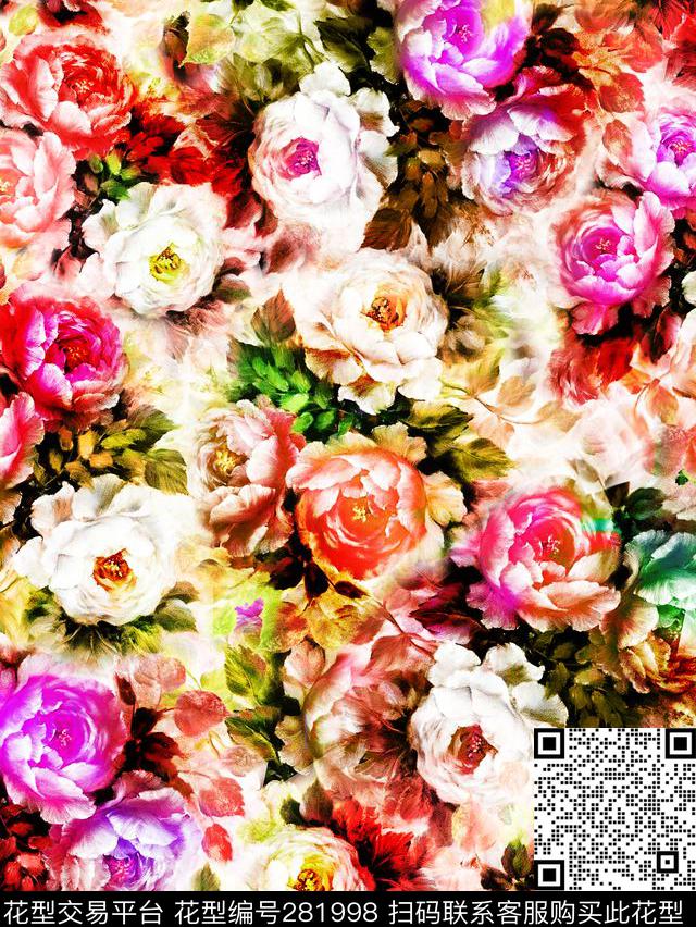 花卉炫彩玫瑰数码印花华亿平台下载（图片编号: 281998） - 瓦栏（Walan）