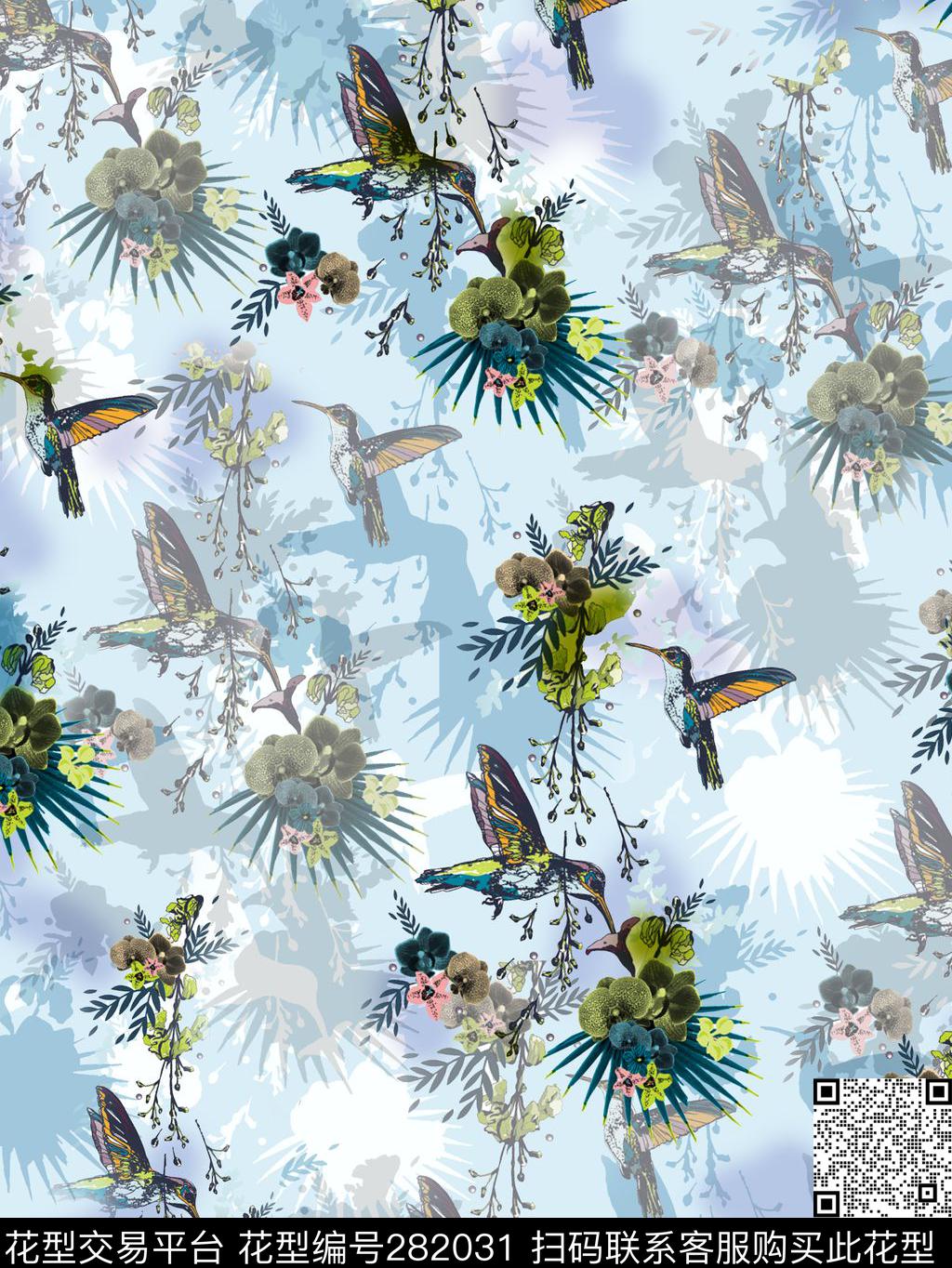 水彩花卉鸟数码印花华亿平台下载（图片编号: 282031） - 瓦栏（Walan）