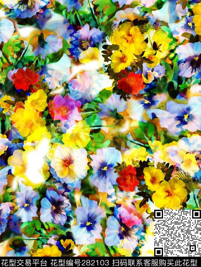 花卉水彩晕染数码印花华亿平台下载（图片编号: 282103） - 瓦栏（Walan）