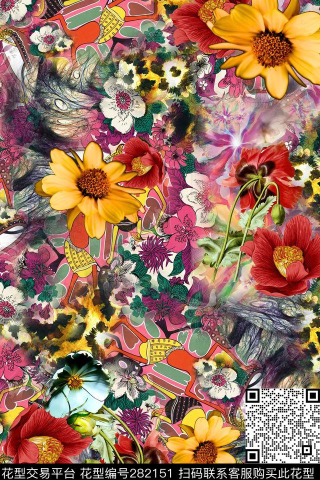花卉豹纹多彩数码印花华亿平台下载（图片编号: 282151） - 瓦栏（Walan）