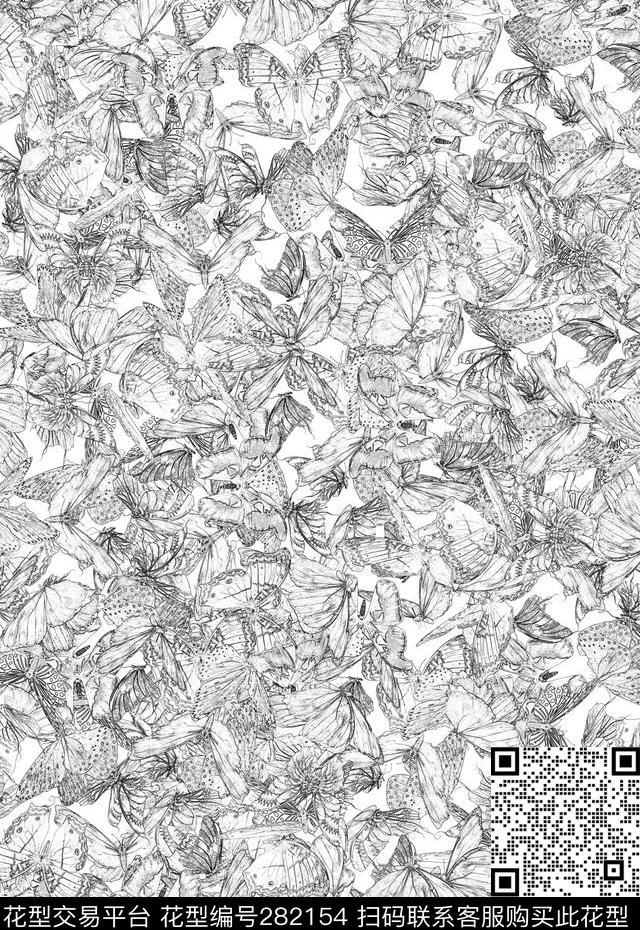 清新素描蝴蝶数码印花华亿平台下载（图片编号: 282154） - 瓦栏（Walan）