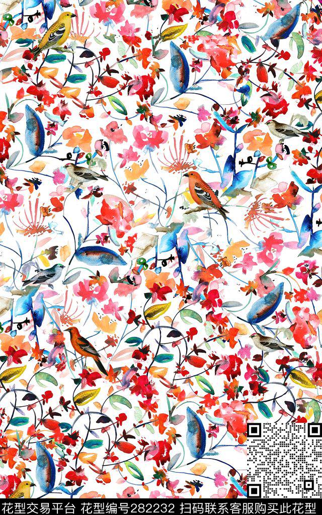 水彩花卉鸟数码印花华亿平台下载（图片编号: 282232） - 瓦栏（Walan）