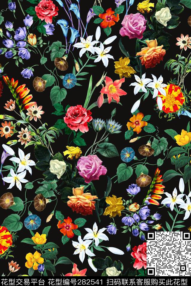 花卉手绘黑白底数码印花华亿平台下载（图片编号: 282541） - 瓦栏（Walan）